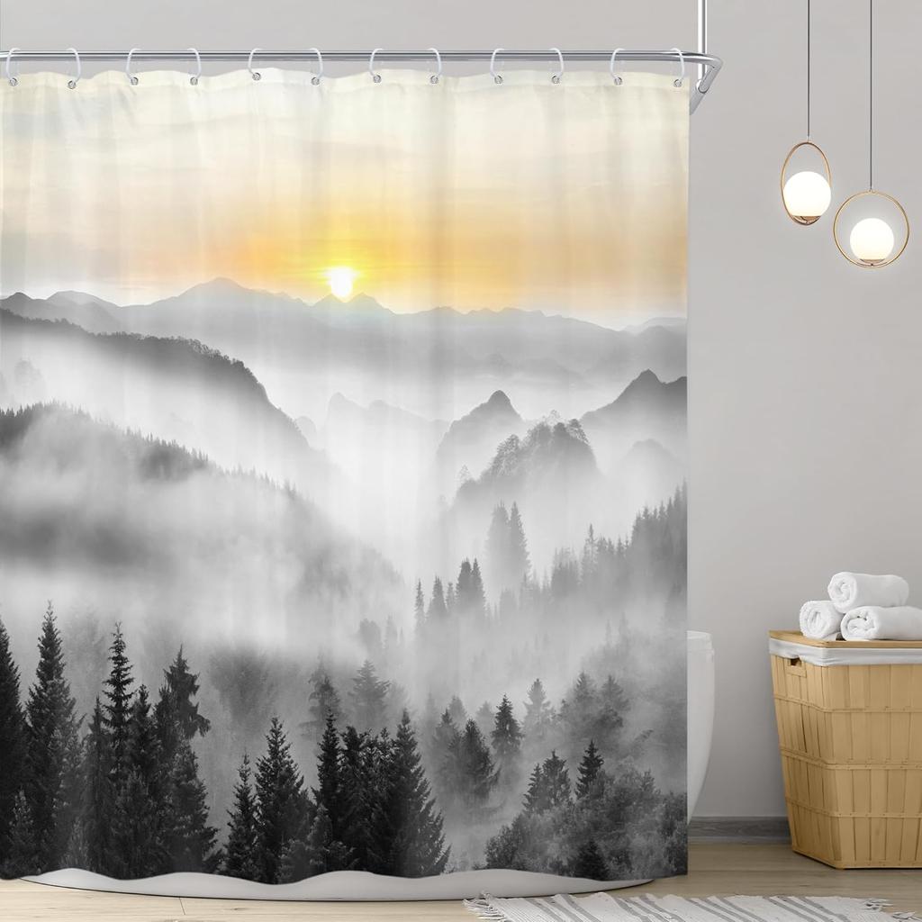 Sunrise Mountain Shower Curtain Foggy Forest Landscape Nature Art Bath Decor Waterproof Fabric Minimalist Design Home 180x200