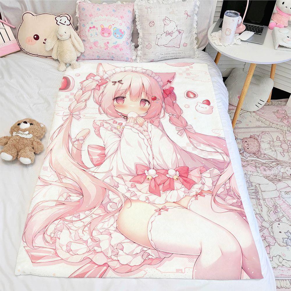 Japanese Style Spotlight Pink Cat Girl Anime Blanket Cute Paw Design Custom Printed Fleece Blanket for Bedroom Sofa Home Decor
