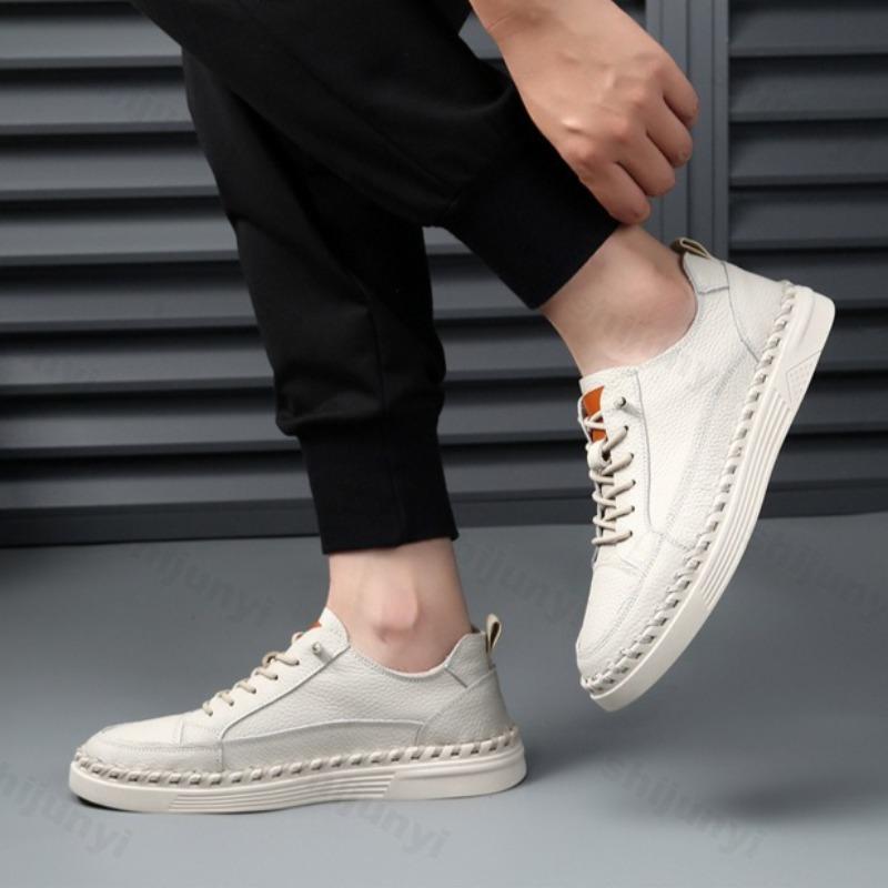 Men Cow Leather Casual Shoes 2025 Spring Autumn Comfortable Fashion Stitch Flat Skateboard Shoes Handmade Vulcanized Shoes