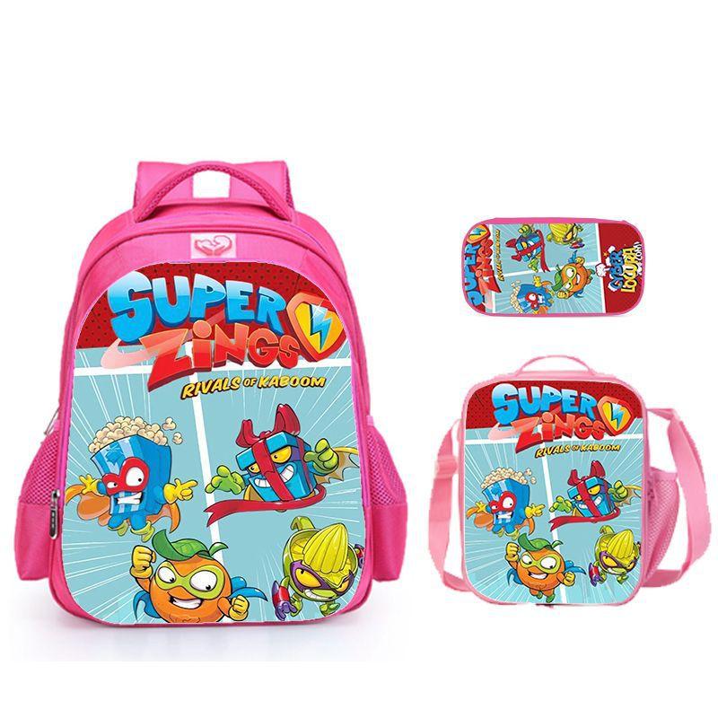Super Zings Burden Reduction Lightweight School Bag + Meal Bag + Pencil Case Cartoon Printing Pattern - Three-Piece Straight Set