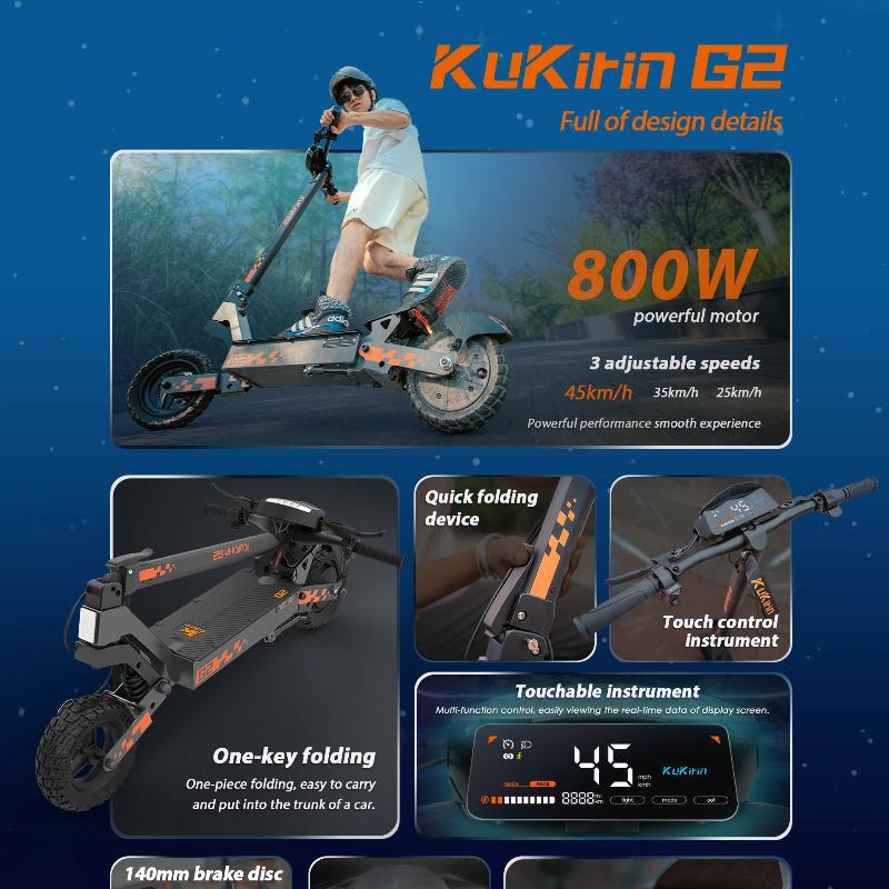 2025 Neuer Kukirin G2 800W 48V15AH Elektroroller Höchstgeschwindigkeit 45-50km/h 10-Zoll-Reifen Maximale Reichweite 55-60km Faltbarer E-Scooter