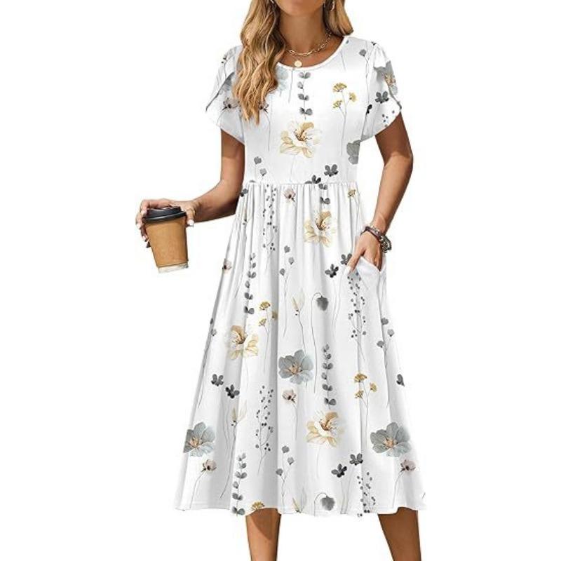 A Women's Round-neck Petal-sleeved, Short-sleeved Mid-length Printed Dress