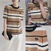 Women's 2025 Summer Striped Horse & Carriage Knit T-Shirt - Light Luxury, Slim Fit, Short-Sleeve, Round Neck