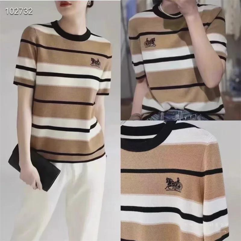Women's 2025 Summer Striped Horse & Carriage Knit T-Shirt - Light Luxury, Slim Fit, Short-Sleeve, Round Neck