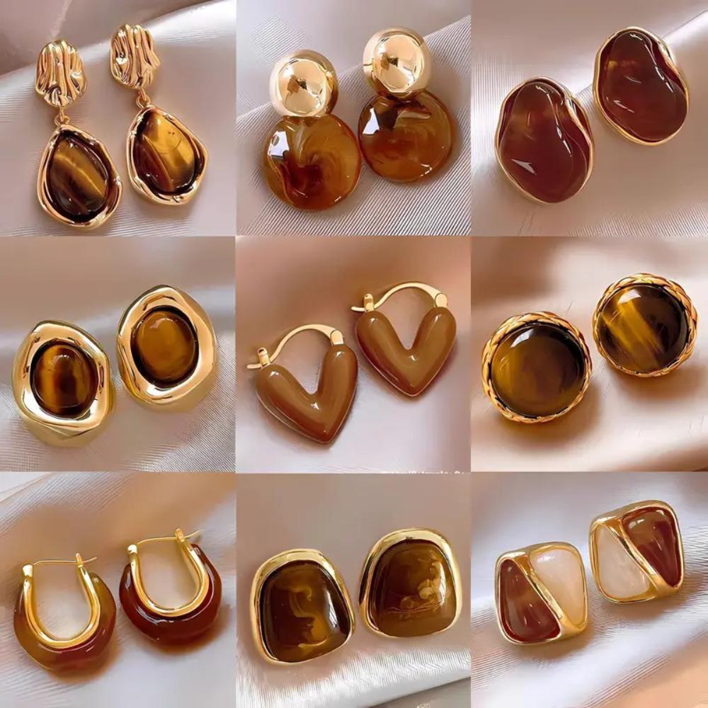 Tiger Eye Stone Earrings Alloy High End Ear Accessories Maillard Earrings Light Luxury Light Luxury Earrings For Gifts Daily