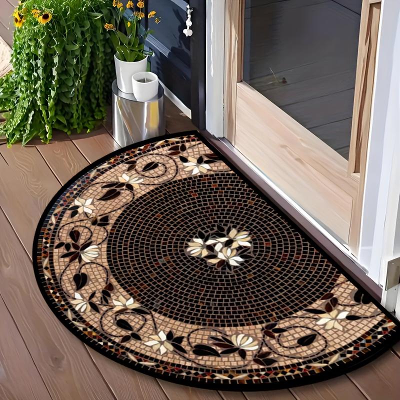 Floral Mosaic Doormat - Vintage Semi-Circular Rubber Backing, Indoor/Outdoor Rug, Durable Comfortable Floor Mat for Home Decor