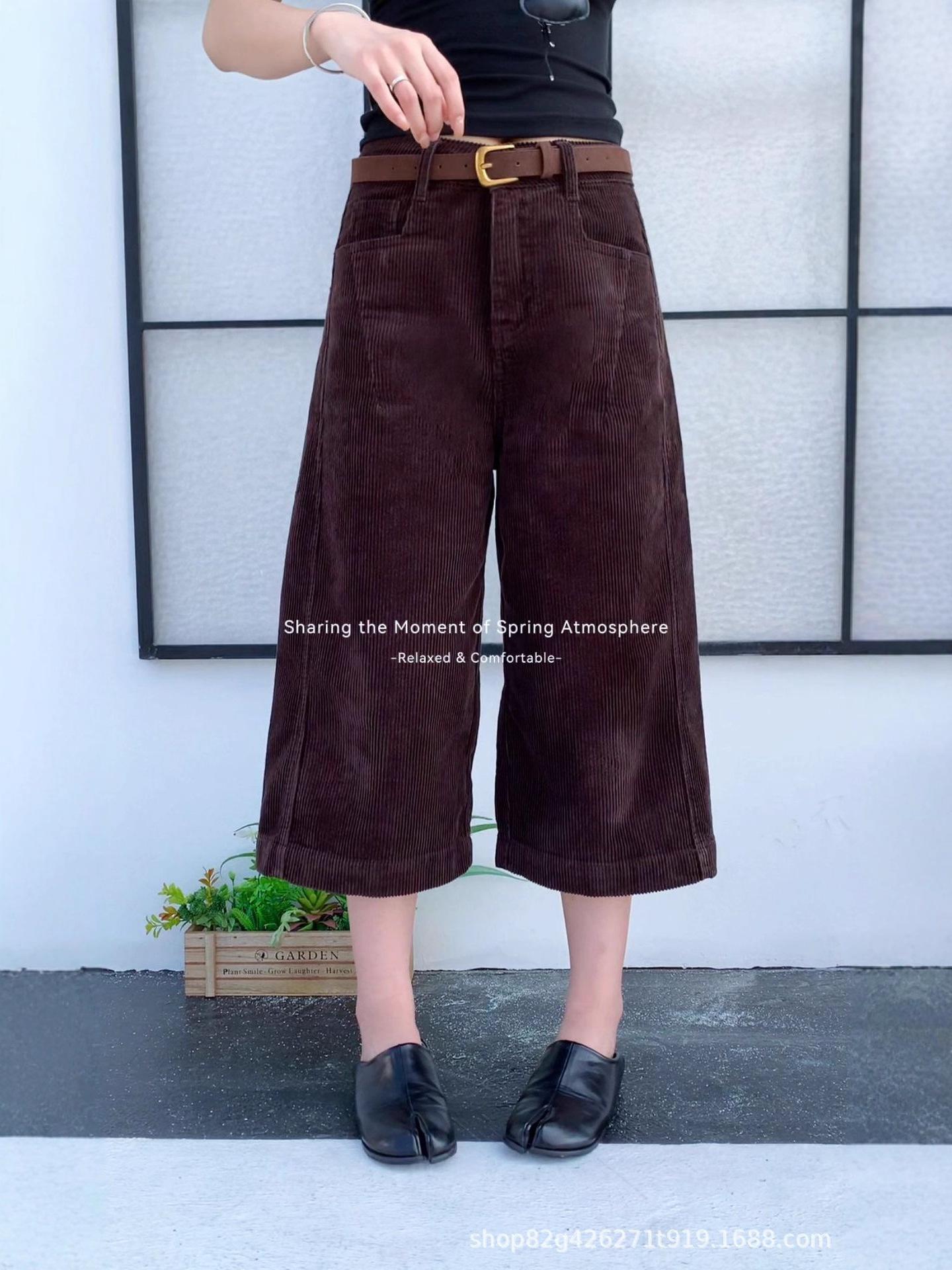 

Женские ретро вельветовые укороченные кюлоты - Зимние/осенние узкие брюки с высокой талией, стройнящие, широкие штанины Small кофейный