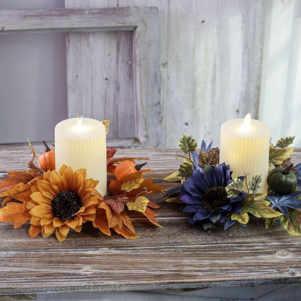 

2pcs Artificial Flower Pumpkin Sunflower Wreath Exquisite Wreath Ring Candle Wreath Farmhouse