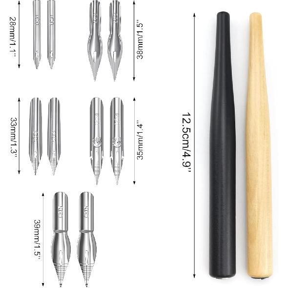 Quacc Comic Dip Pen Set, 2 Pen Holders and 10 Replacement Nibs, Wooden Calligraphy Holder with 5 Different Stainless Steel Nib for Writing, Painting,