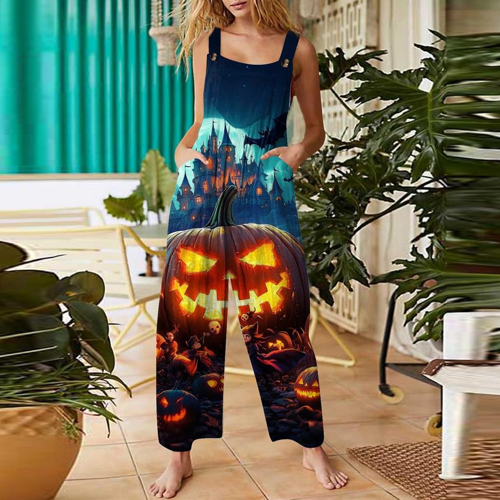 Women's Casual Halloween Printed Jumpsuit Sleeveless Printed Cotton Jumpsuit