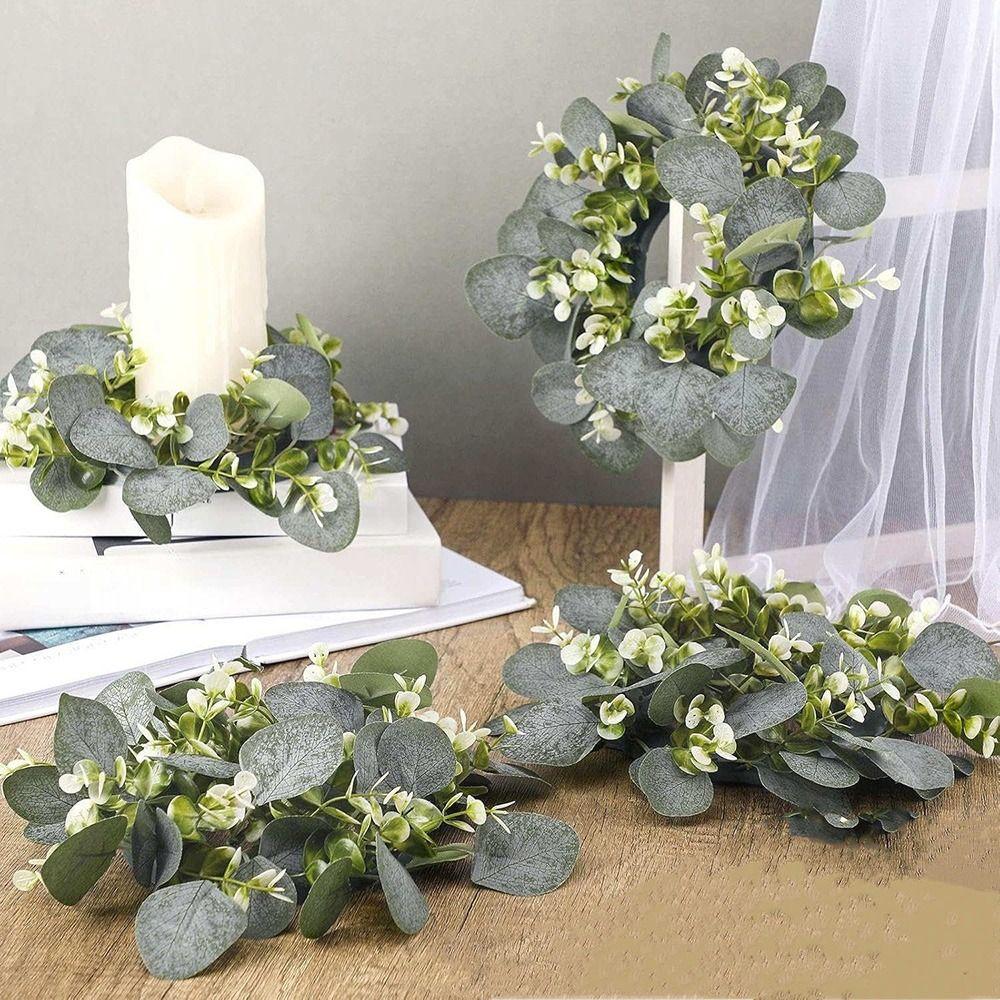 Rose Flower Artificial Eucalyptus Wreath Faux Greenery Desktop Candle Ornament Porch Wall