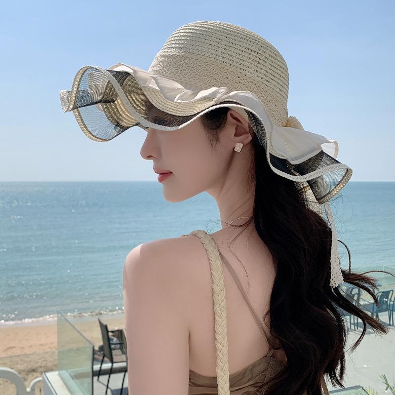 Hat Women's Summer Small Clear Straw Hat Bow Streamer Beach Hat Summer Vacation Sun Hat