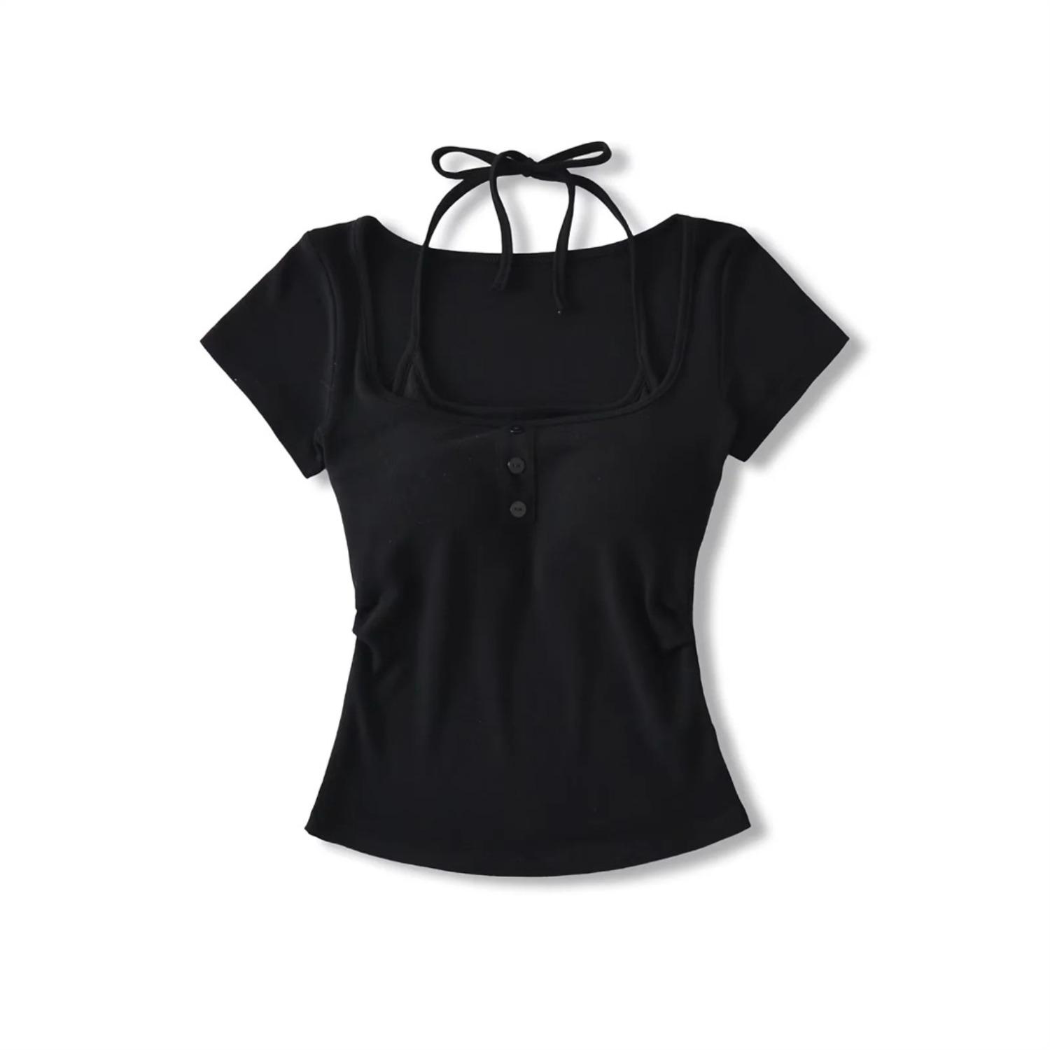 Women s Square Neck Short Sleeve Slim Fit Crop Top Halter Tie Sexy Basic Tee S