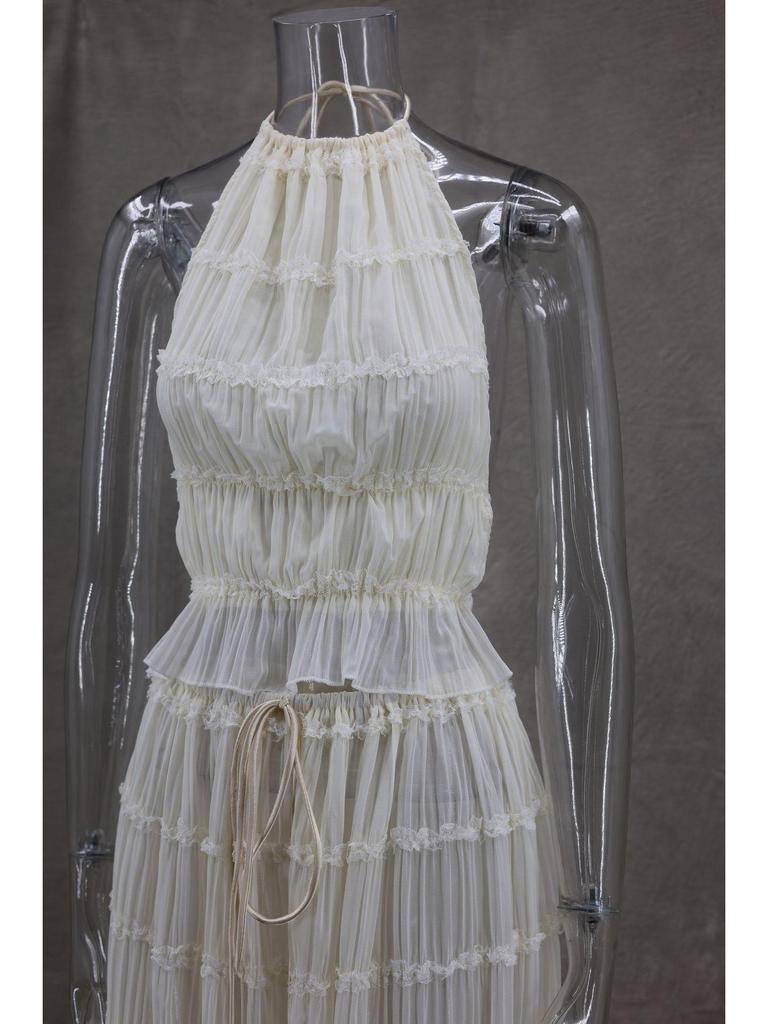 2024 Spring/Summer European & American Fashion Backless Halter Lace Ruffle Maxi Dress Set