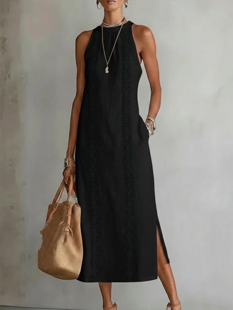 Elegant White Sleeveless Maxi Dress with Slit and Lace Detail