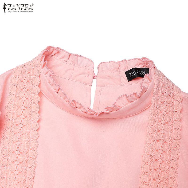 ZANZEA Damen Lässiges Stehkragen Langarm Locker Spitze Patchwork Langes Kleid