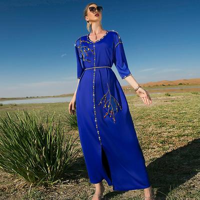 Women's Clothing Royal Blue Satin Heavy Work Rhinestone Mid Sleeve Muslim Dress