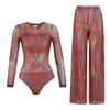Long-sleeved Sunscreen Swimsuit Women's High Elastic Thickened Mesh Loose Trousers European and American Swimwear Fitness One-piece