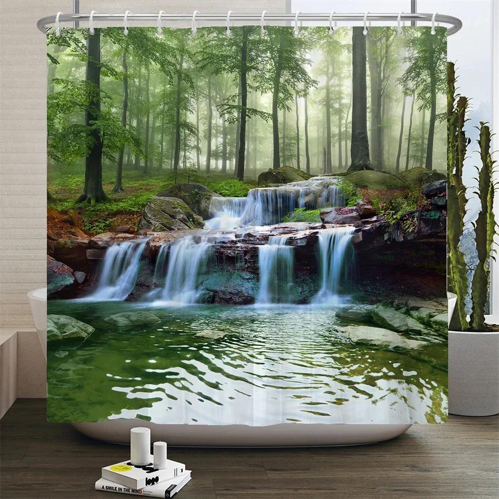Natur Waldlandschaft Duschvorhänge Badezimmervorhang Stoff Wasserdicht Polyester Landschaft Badevorhang mit Haken