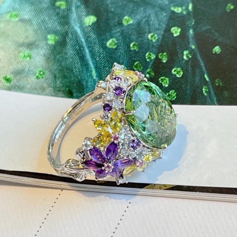 Net Celebrity Fresh Mint Green Gemstone Adjustable Ring - 18K Gold Plated, Romantic Small Niche Design