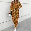 Women Geometric Pattern Print Two Piece Outfit, Long Sleeve Crew Neck Top & Drawstring Jogger Pants Casual Tracksuit for Spring Autumn