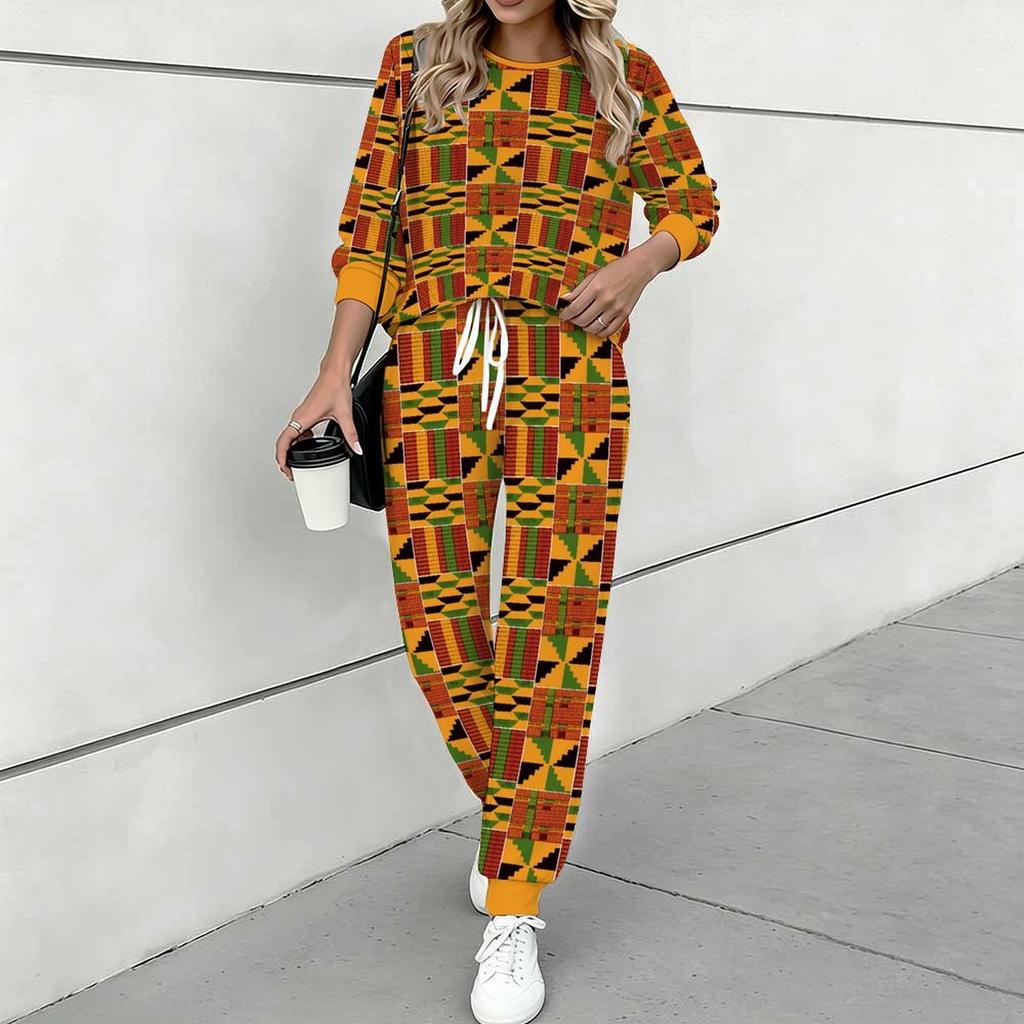 Women Geometric Pattern Print Two Piece Outfit, Long Sleeve Crew Neck Top & Drawstring Jogger Pants Casual Tracksuit for Spring Autumn