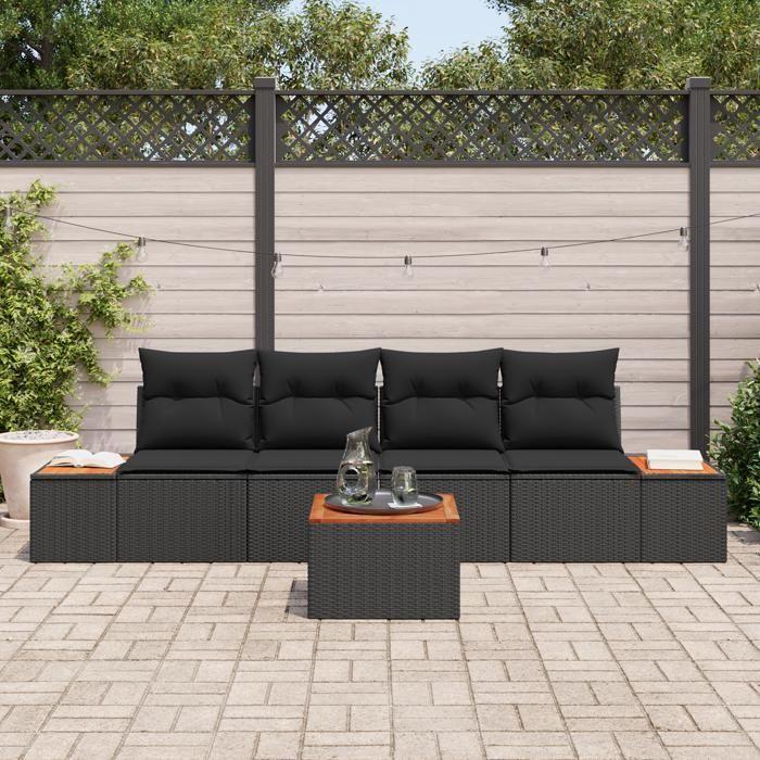 Ensemble de canapés de jardin vidaXL 5 pièces avec coussins en rotin noir poly 3356688