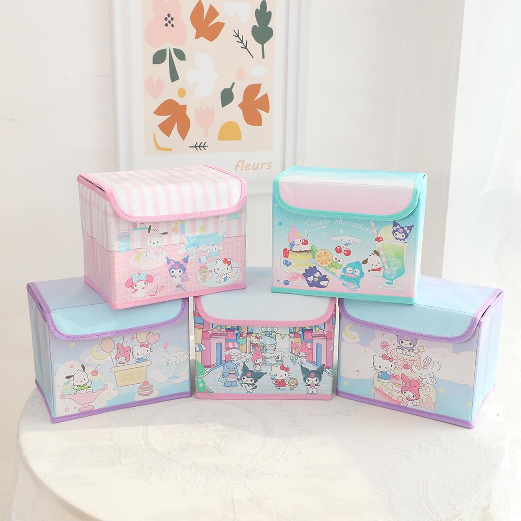 Hello Kitty Kuromi Cinnamoroll Melody Grid Pattern Foldable Flip Storage Box For Office And Bedroom Storage