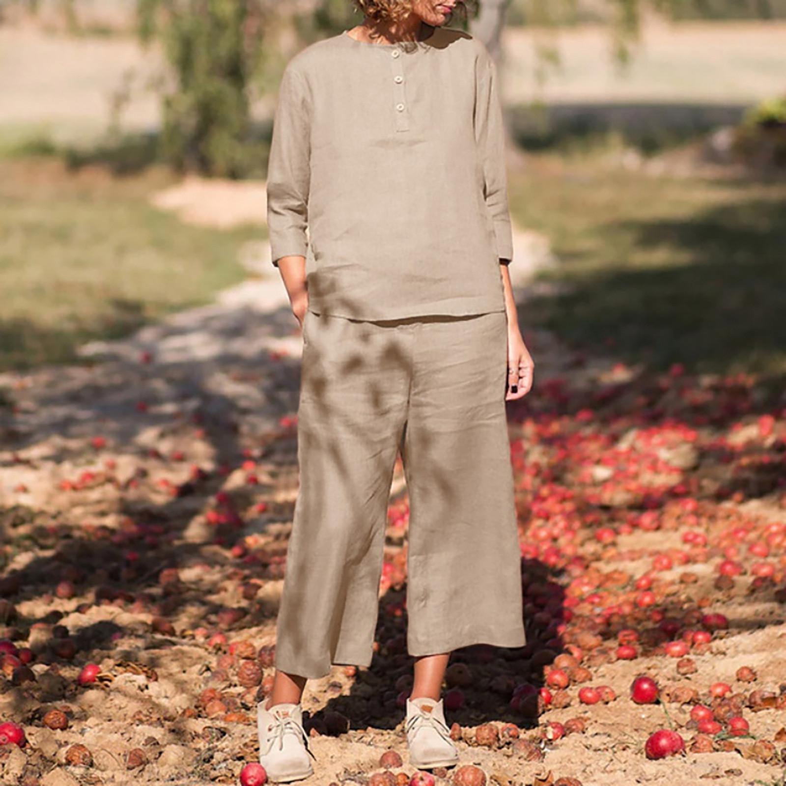 

Fashion Women s Casual Button Mid Sleeve Pocket Color Cotton O Neck Top Pants Set XL бежевый