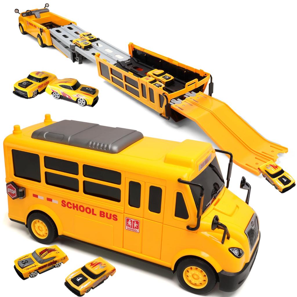 Mercs-X School Bus Toy Car Toy with Storage Case Racing Car Mini Car Set Transformable Bus with Ramp Race Track Boys Indoor Play Birthday Present