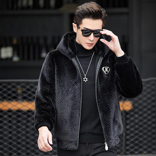 Men's Winter Coat Sheep Sheared Fleece Fur One Piece Mink Hooded Middle Aged Dad Gold Mink Fur Coat