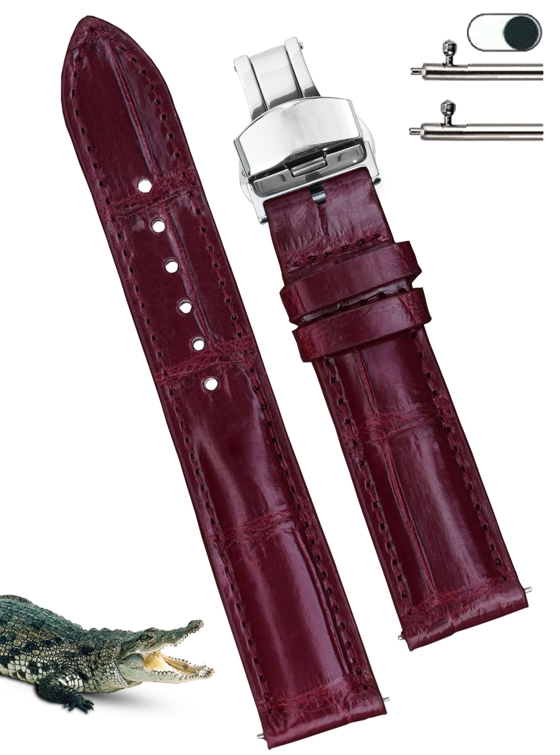 

Vinacreations 20 мм Винно-красный Ремешок для часов из крокодиловой кожи Замена ремешка для часов из аллигатора с быстросъемной пружиной Серебряный Наручный Ручной работы для мужчин
