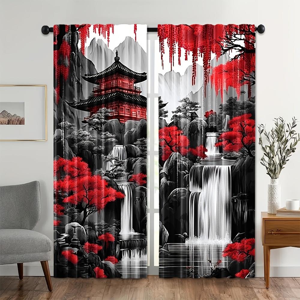 2pcs Japanese Landscape Ink Painting Polyester Curtains, Semi-Sheer Rod Pocket, Machine Washable, Decorative Panels for Bedroom,