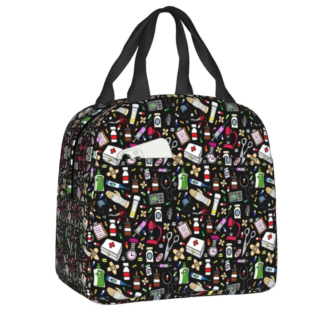 Nurse Tool Pattern Insulated Lunch Tote Bag for Women Nursing Resuable Thermal Cooler Food Lunch Box Work School Travel