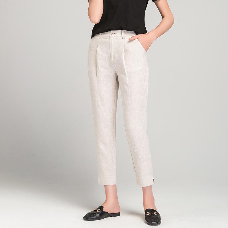 Women's High-Waist Cotton Linen Cigarette Pants - Summer 2025, Petite Eight-Point Casual, Straight Leg