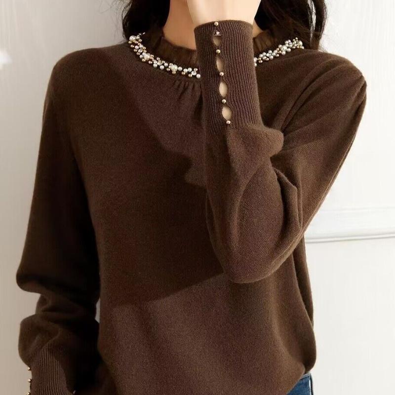 

Женские свитера, пуловеры 2025, осень-зима, длинный рукав, круглый вырез, черный бисер, вязаный свитер, женские топы, пуловер JJ82 One Size кофейный
