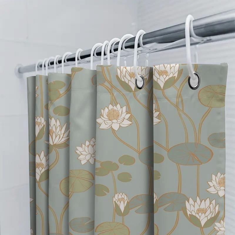 Delicate Floral Print Shower Curtain Elegant Green Gold Water Lily Design For Bathroom Decor Waterproof Fabric With Hook Rings S