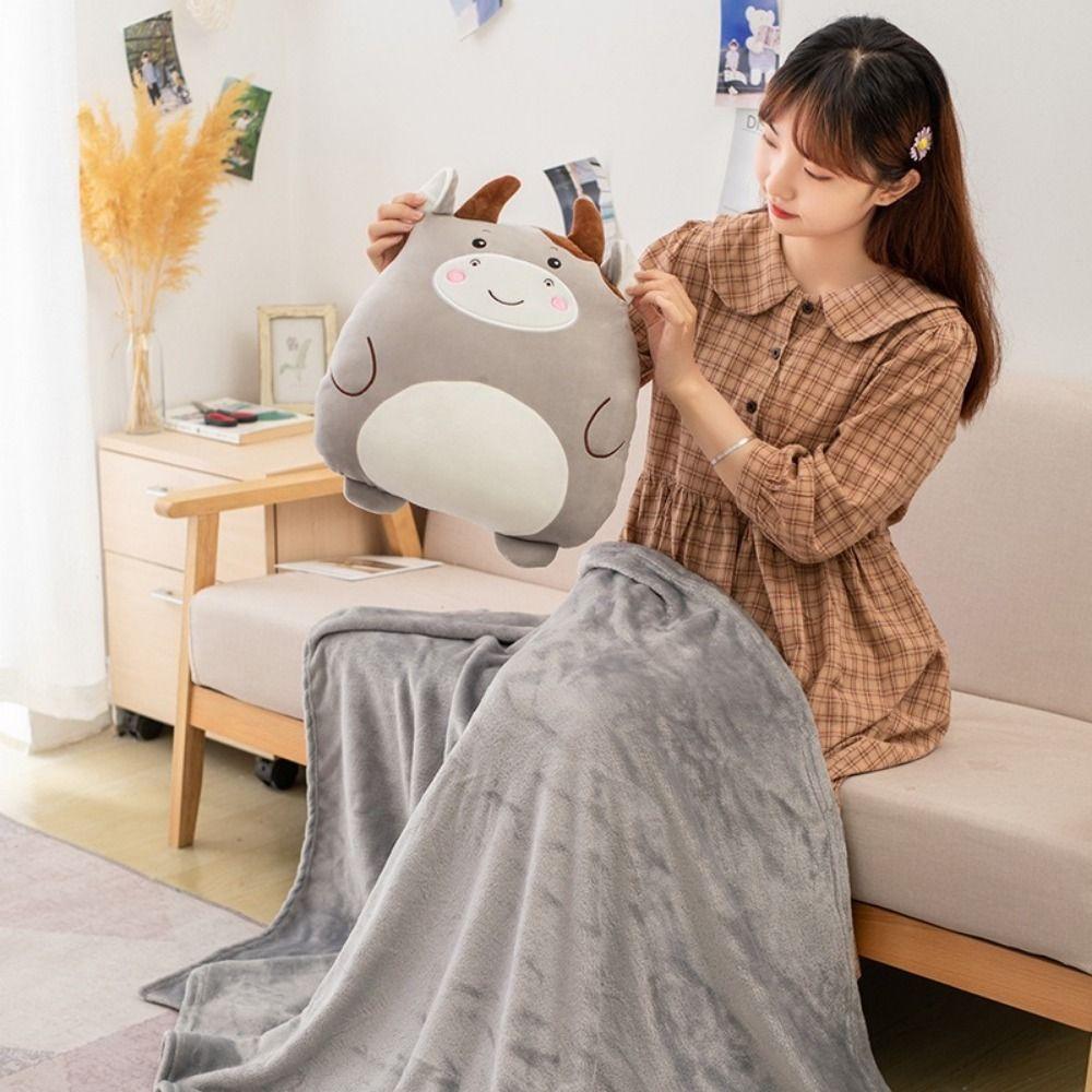 Cute Flannel Cartoon Pillow Quilt Soft Storage Design Animal Pillow Blanket Comfortable Stuffed 2 In 1 Cushion Blanket Office