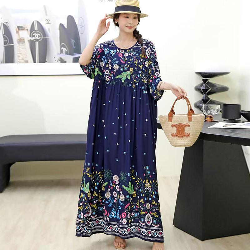 South East Asia 100kg super fat dress fat girl plus short sleeve maternity dress loose floral beach long skirt