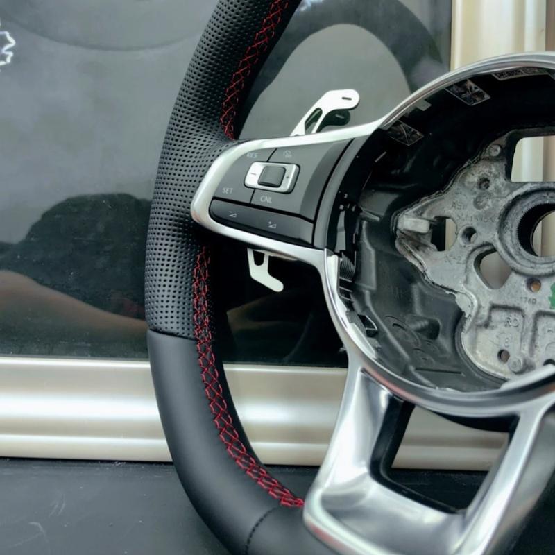Car Steering Wheel Braid Cover Hand Sewn Black Leather For Volkswagen VW Golf 7 GTI T-Roc Passat Variant (R-Line) GTI