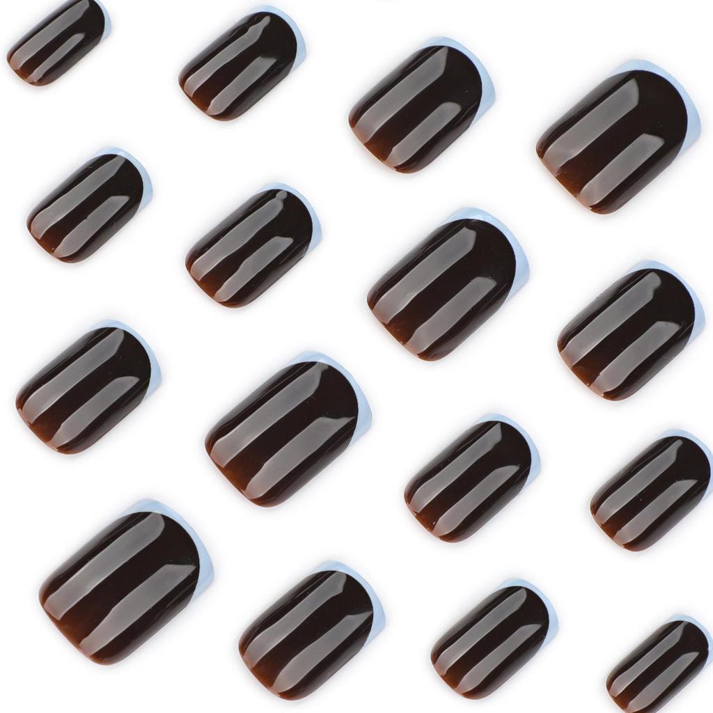 French Gray-Blue Press-On Nails: Autumn/Winter Brown Tone, Medium-Short Square Shape