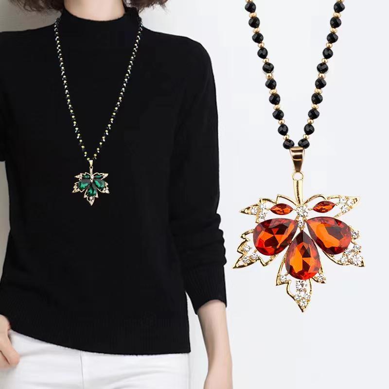 Maple Leaf Crystal Sweater Necklace: Autumn/Winter Fashion Long Pendant Charm Accessory