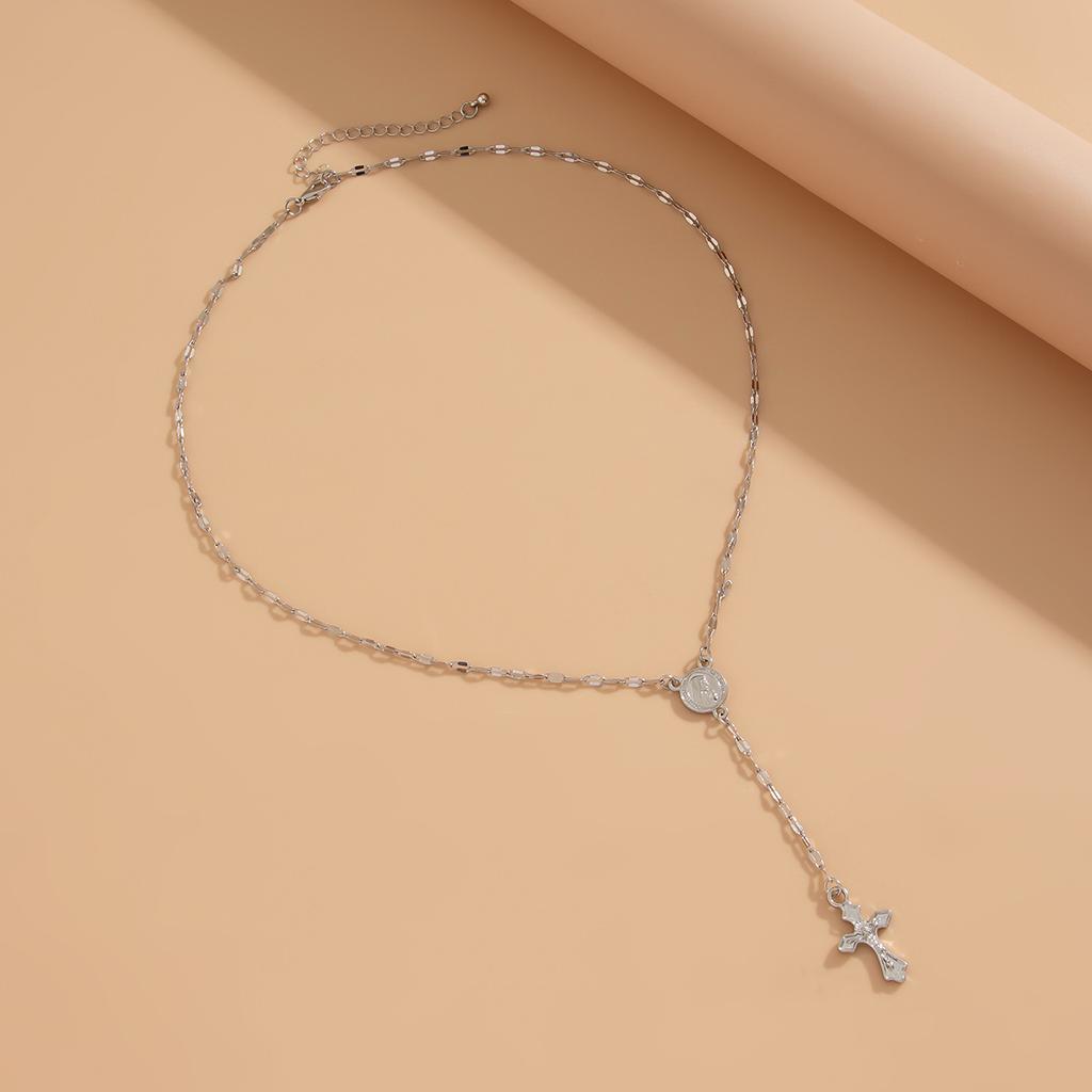 Fashion Sense Cross Alloy Pendant Necklace Gemstone Beaded Collar Chain