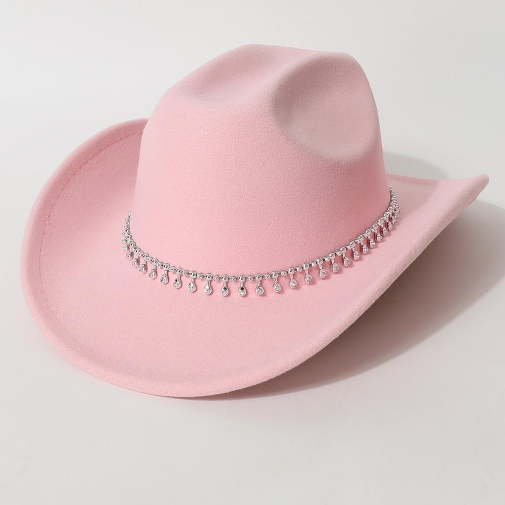 Women's Unisex Western Cowboy Hat with 3D Round Gems, Rhinestones, Rivets, and Chain Decorations, Wedding Party Hat