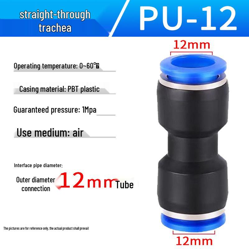 Pneumatic Air Tube Connector: PU8 Straight, PV10 Right-Angle Elbow, Quick-Insert, Butt Joint, Blue Plastic, PG6-4 Reducer.