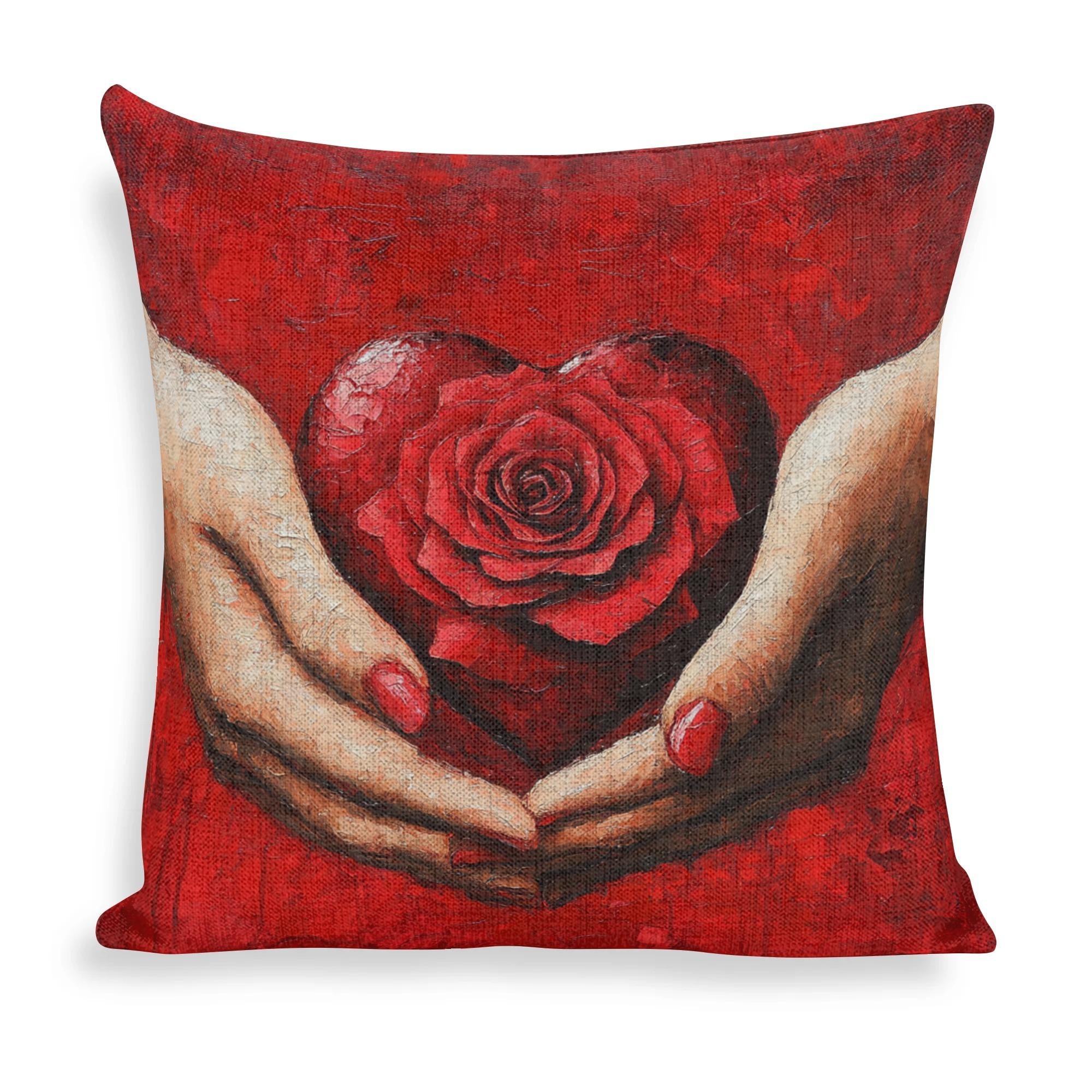 

1 Romantic Valentine s Day Pillowcase - Love and Hand in Hand Red Rose and Heart Oil Painting Design 40x40cm/16x16inch