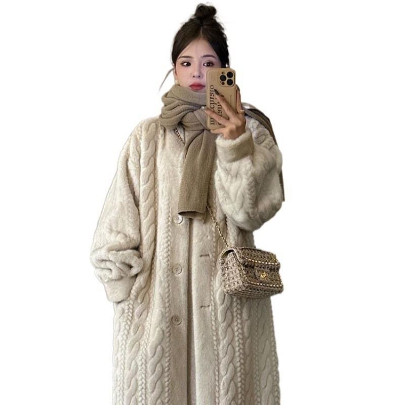 Solid Color Loose Cardigan Coat Women Winter Mink Fur Velvet Fur One Lamb Wool Coat Long Coat