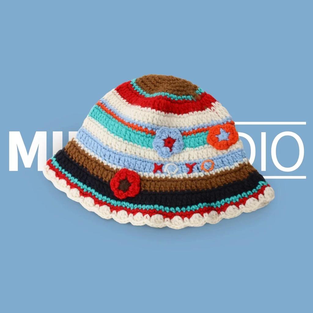 Cute Dopamine Wind Japanese Handmade Crochet Knitted Bucket Hat Rainbow Rhombus Plaid Wool Bucket Winter Basin Hat Bucket Hat