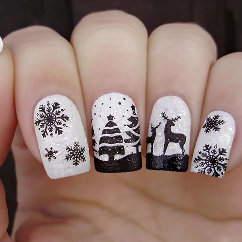 Christmas Press On Nails Medium Square Fake Nails with Gold Snowflake Christmas Tree Designs Xmas Red False Nail Acrylic Winter Snow Stick On Nail