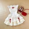Girls Summer Polka Dot Bow Princess Dress Medium Large Kids Lace Trim Round Neck Stylish Sundress